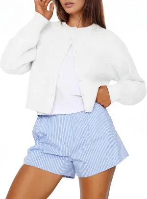 Women Y2K Button Down Sweater Cardigan Cropped Long Sleeve Solid Knit Cardigans Open Front Crewneck Sweater Outwear
