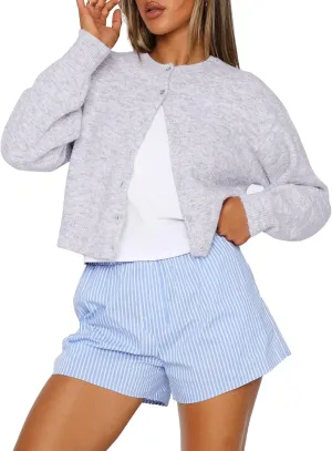 Women Y2K Button Down Sweater Cardigan Cropped Long Sleeve Solid Knit Cardigans Open Front Crewneck Sweater Outwear