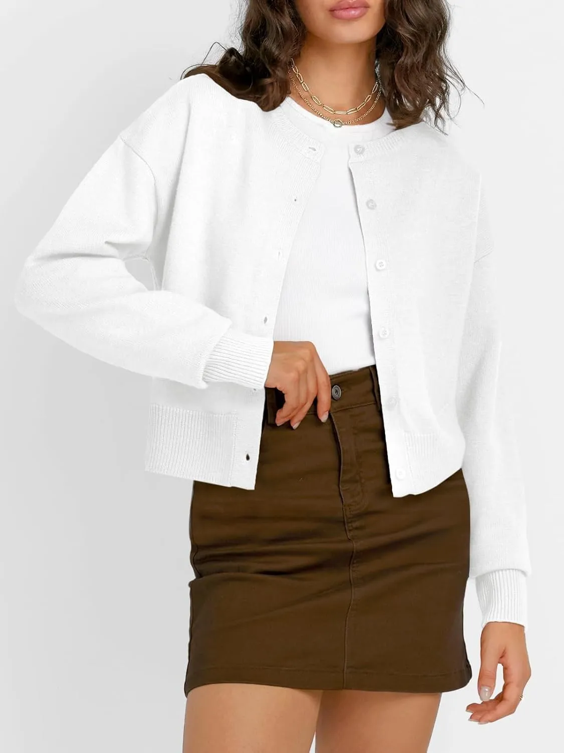 Women Y2K Button Down Sweater Cardigan Cropped Long Sleeve Solid Knit Cardigans Open Front Crewneck Sweater Outwear