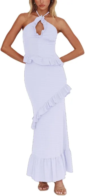 Womens 2 Piece Maxi Skirt Set Y2k Halter Ruched Cami Top Tiered Flowy Ruffle Skirt 2025 Summer Beach Outfits