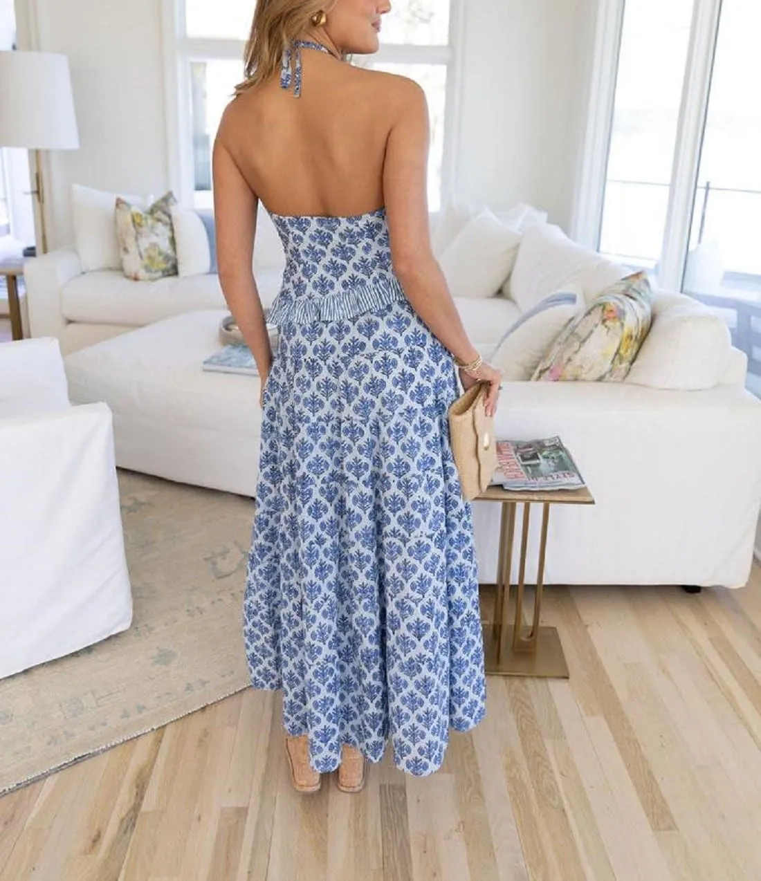 Womens 2 Piece Maxi Skirt Set Y2k Halter Ruched Cami Top Tiered Flowy Ruffle Skirt 2025 Summer Beach Outfits