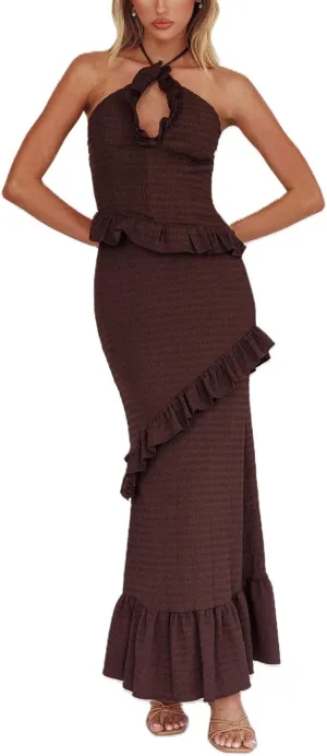 Womens 2 Piece Maxi Skirt Set Y2k Halter Ruched Cami Top Tiered Flowy Ruffle Skirt 2025 Summer Beach Outfits