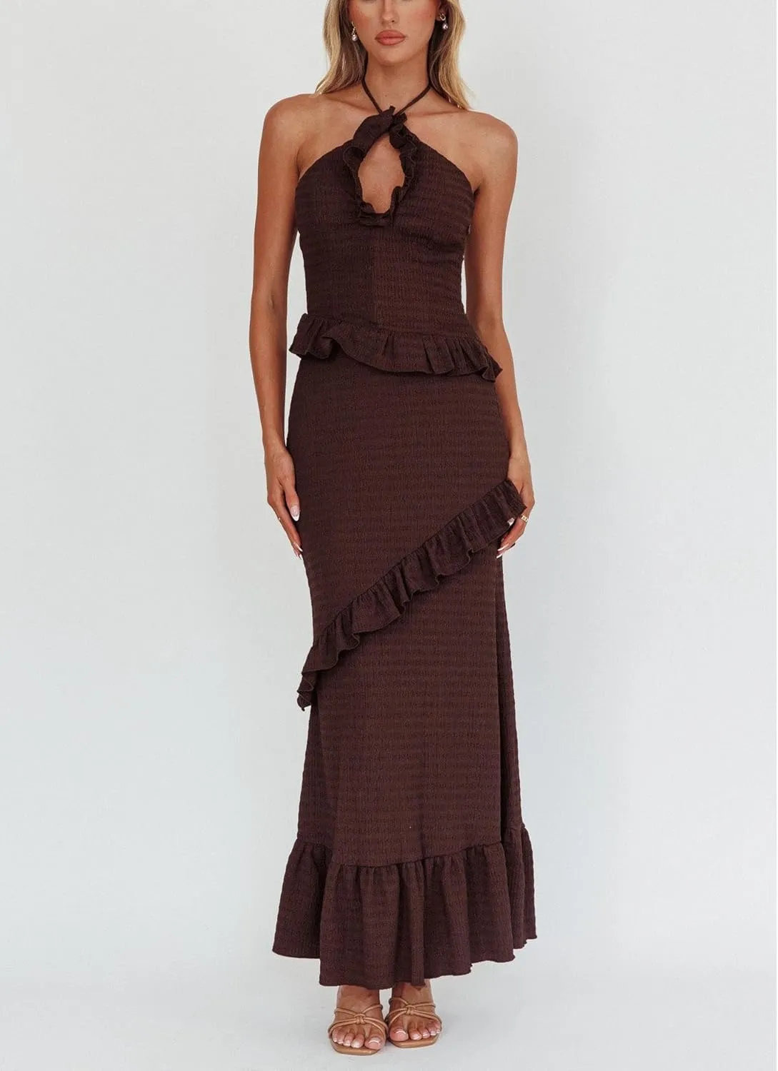 Womens 2 Piece Maxi Skirt Set Y2k Halter Ruched Cami Top Tiered Flowy Ruffle Skirt 2025 Summer Beach Outfits
