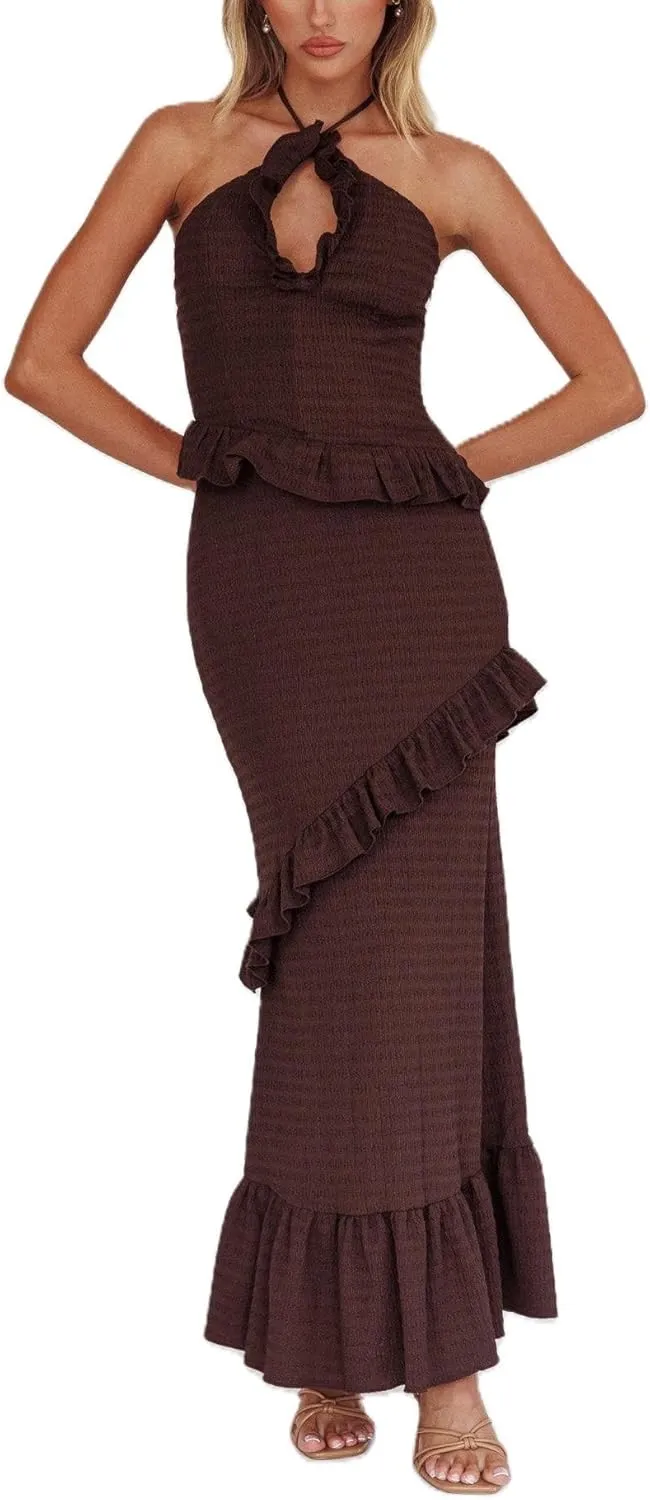 Womens 2 Piece Maxi Skirt Set Y2k Halter Ruched Cami Top Tiered Flowy Ruffle Skirt 2025 Summer Beach Outfits