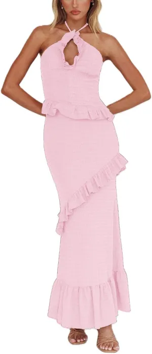Womens 2 Piece Maxi Skirt Set Y2k Halter Ruched Cami Top Tiered Flowy Ruffle Skirt 2025 Summer Beach Outfits