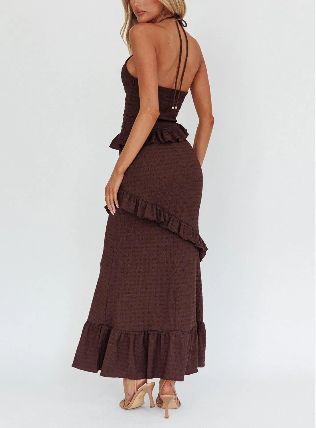Womens 2 Piece Maxi Skirt Set Y2k Halter Ruched Cami Top Tiered Flowy Ruffle Skirt 2025 Summer Beach Outfits