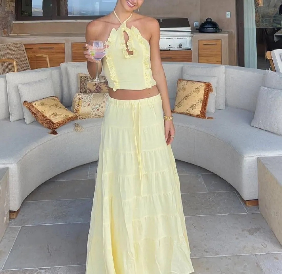Womens 2 Piece Maxi Skirt Set Y2k Halter Ruched Cami Top Tiered Flowy Ruffle Skirt 2025 Summer Beach Outfits