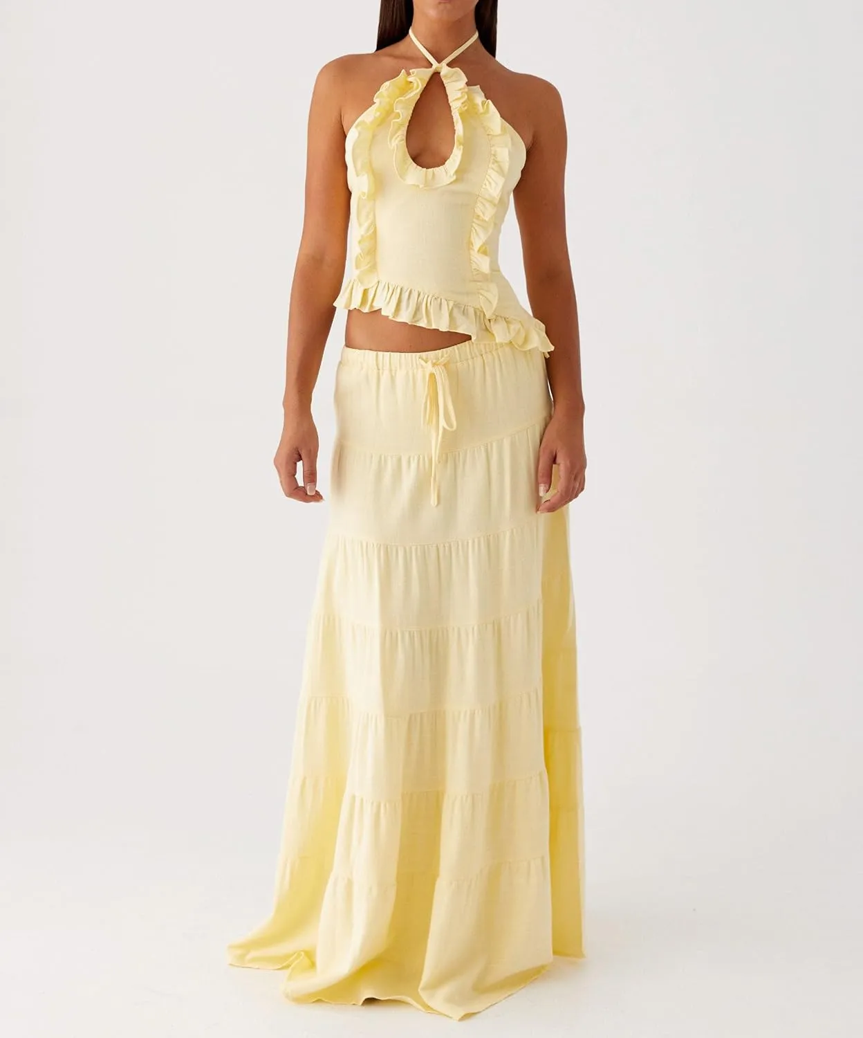 Womens 2 Piece Maxi Skirt Set Y2k Halter Ruched Cami Top Tiered Flowy Ruffle Skirt 2025 Summer Beach Outfits