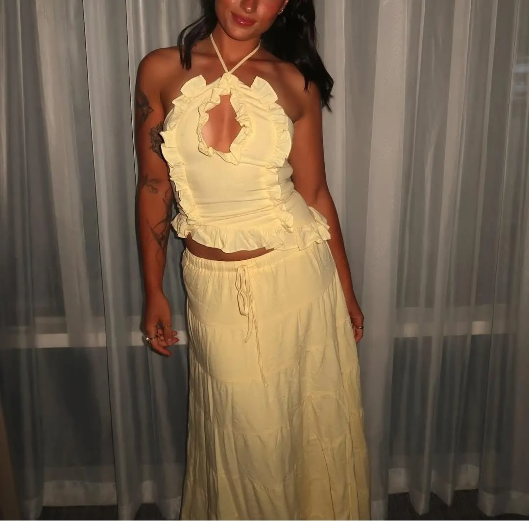 Womens 2 Piece Maxi Skirt Set Y2k Halter Ruched Cami Top Tiered Flowy Ruffle Skirt 2025 Summer Beach Outfits