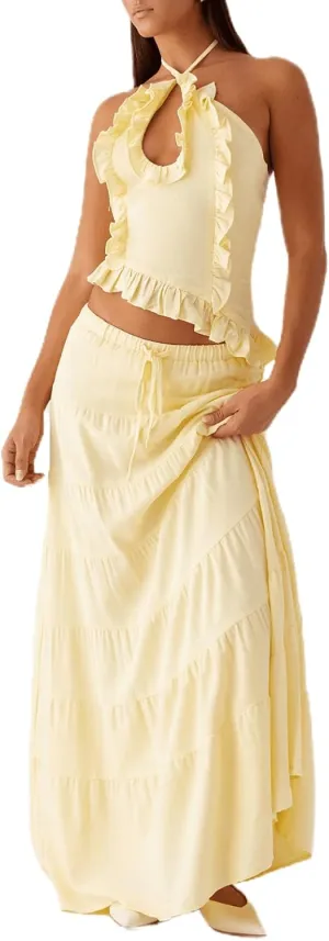 Womens 2 Piece Maxi Skirt Set Y2k Halter Ruched Cami Top Tiered Flowy Ruffle Skirt 2025 Summer Beach Outfits