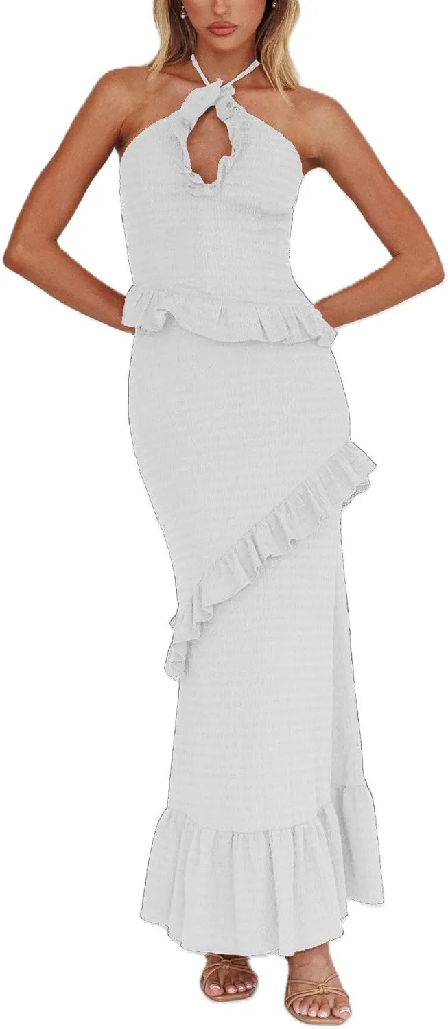 Womens 2 Piece Maxi Skirt Set Y2k Halter Ruched Cami Top Tiered Flowy Ruffle Skirt 2025 Summer Beach Outfits