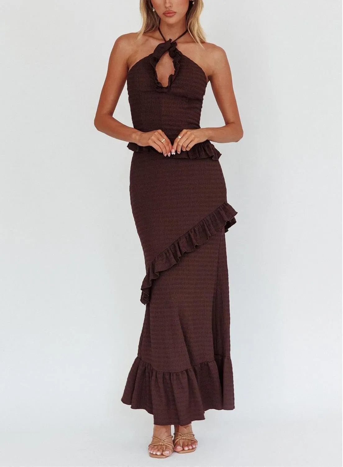 Womens 2 Piece Maxi Skirt Set Y2k Halter Ruched Cami Top Tiered Flowy Ruffle Skirt 2025 Summer Beach Outfits