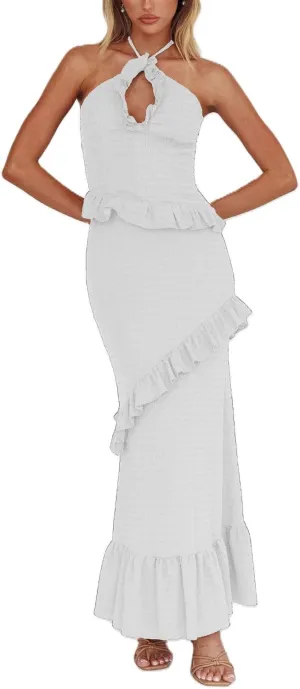 Womens 2 Piece Maxi Skirt Set Y2k Halter Ruched Cami Top Tiered Flowy Ruffle Skirt 2025 Summer Beach Outfits