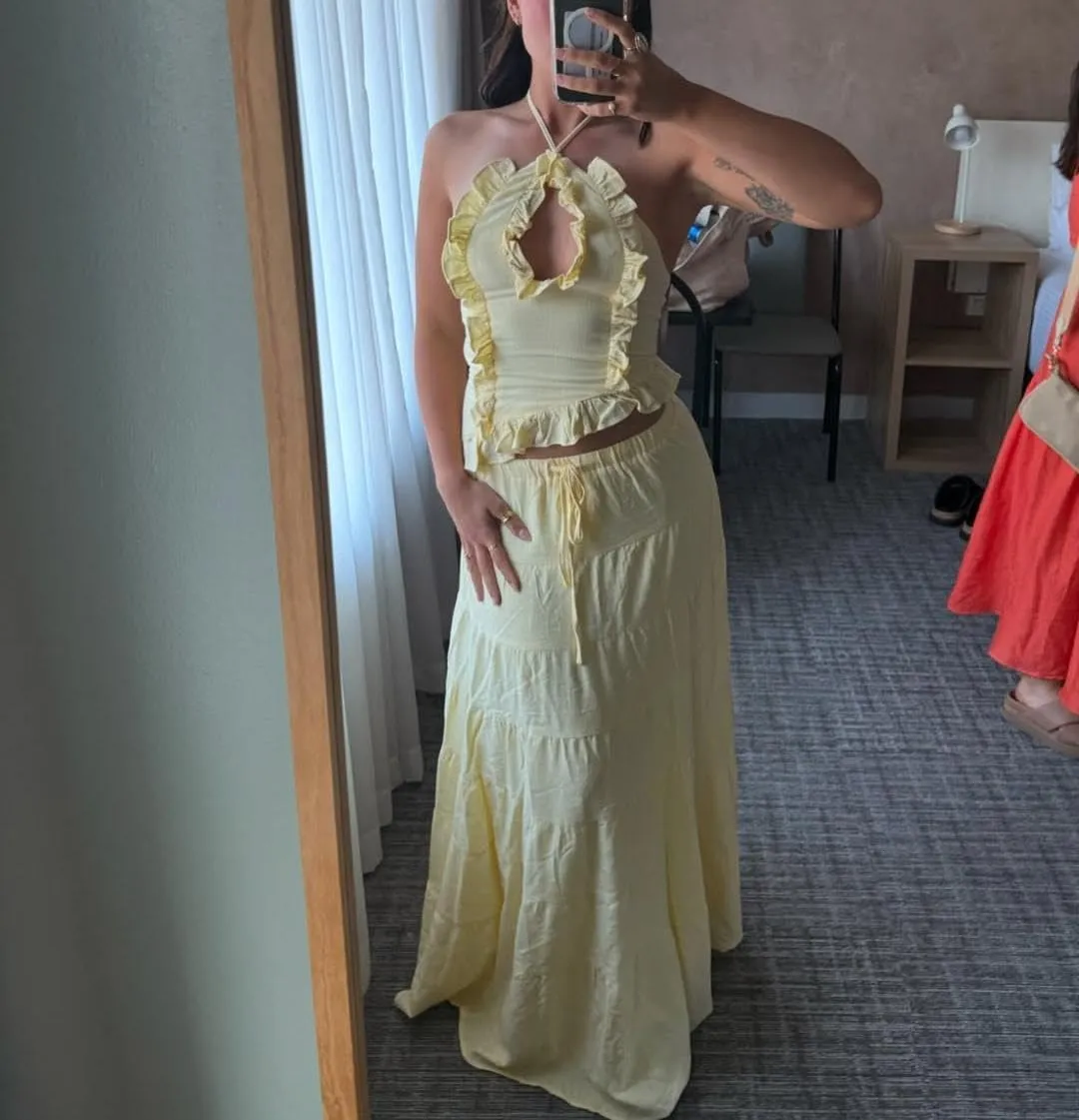 Womens 2 Piece Maxi Skirt Set Y2k Halter Ruched Cami Top Tiered Flowy Ruffle Skirt 2025 Summer Beach Outfits