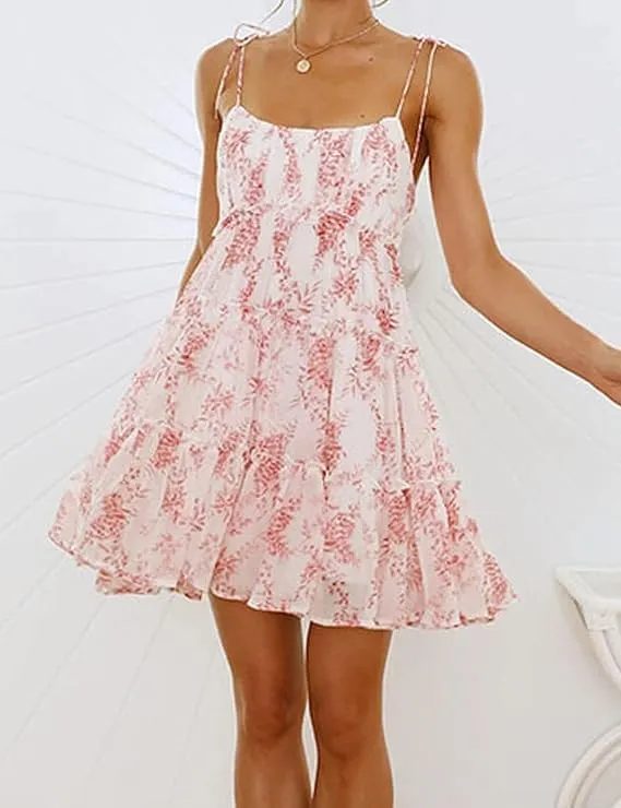 Womens 2025 Summer Floral Mini Dress Boho Flowy Skater Spaghetti Strap Ruffle Sleeveless Beach Dress Sundresses