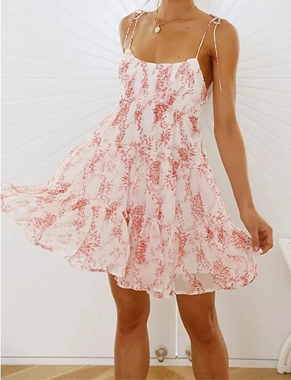 Womens 2025 Summer Floral Mini Dress Boho Flowy Skater Spaghetti Strap Ruffle Sleeveless Beach Dress Sundresses