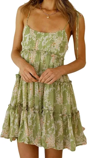 Womens 2025 Summer Floral Mini Dress Boho Flowy Skater Spaghetti Strap Ruffle Sleeveless Beach Dress Sundresses