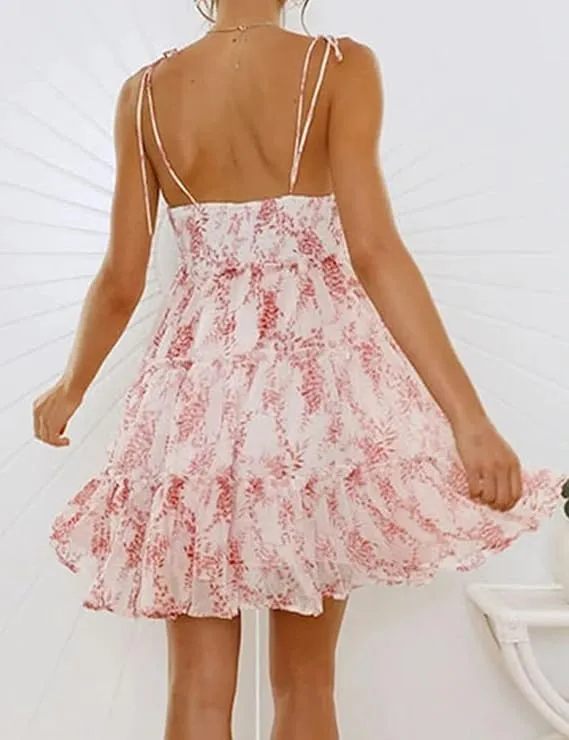 Womens 2025 Summer Floral Mini Dress Boho Flowy Skater Spaghetti Strap Ruffle Sleeveless Beach Dress Sundresses