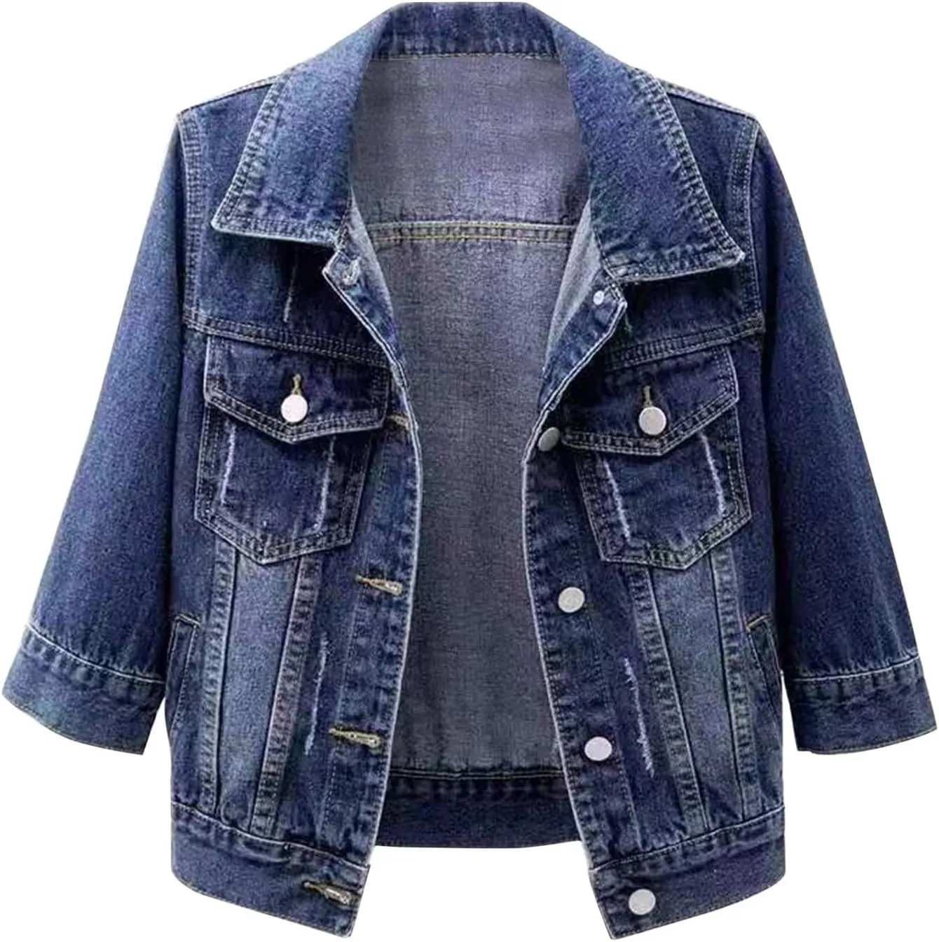 Womens 3/4 Sleeve Short Denim Jacket Plus Size, Basic Lapel Button Down Cropped Casual Jean Jackets Trucker Coats