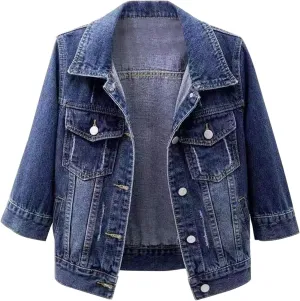 Womens 3/4 Sleeve Short Denim Jacket Plus Size, Basic Lapel Button Down Cropped Casual Jean Jackets Trucker Coats