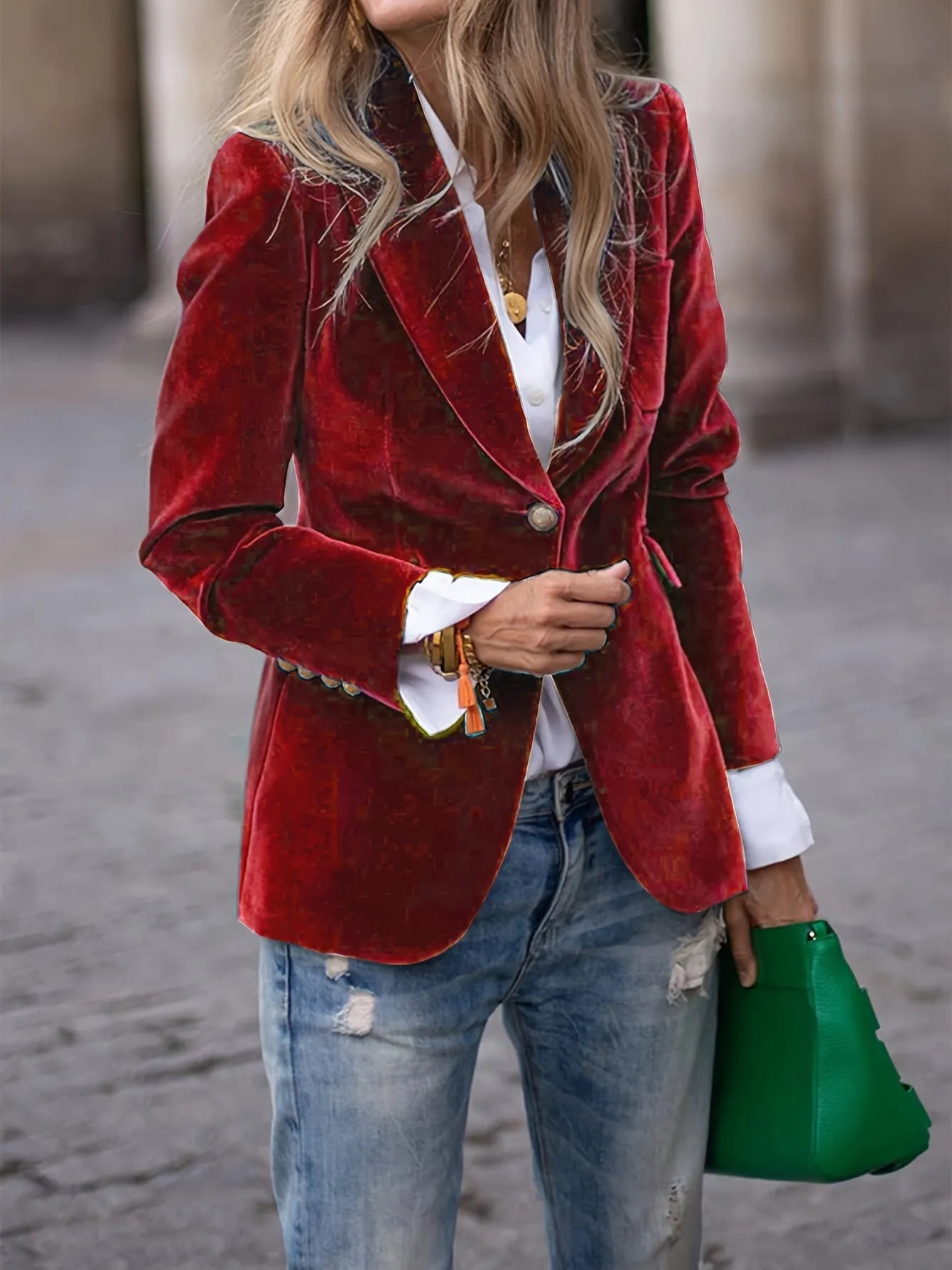 Womens Blazer  Velvet Tailored Fit  Gold Button Accents  Classic Silhouette