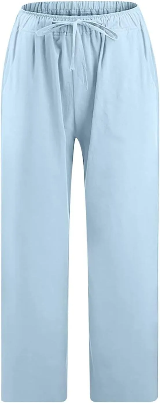 Women's Capri Pants Casual Summer Drawstring Waist Linen Pants with Pockets Lightweight Baggy Cropped Beach Trouser