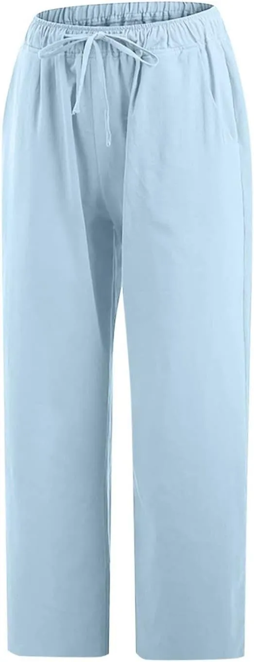 Women's Capri Pants Casual Summer Drawstring Waist Linen Pants with Pockets Lightweight Baggy Cropped Beach Trouser