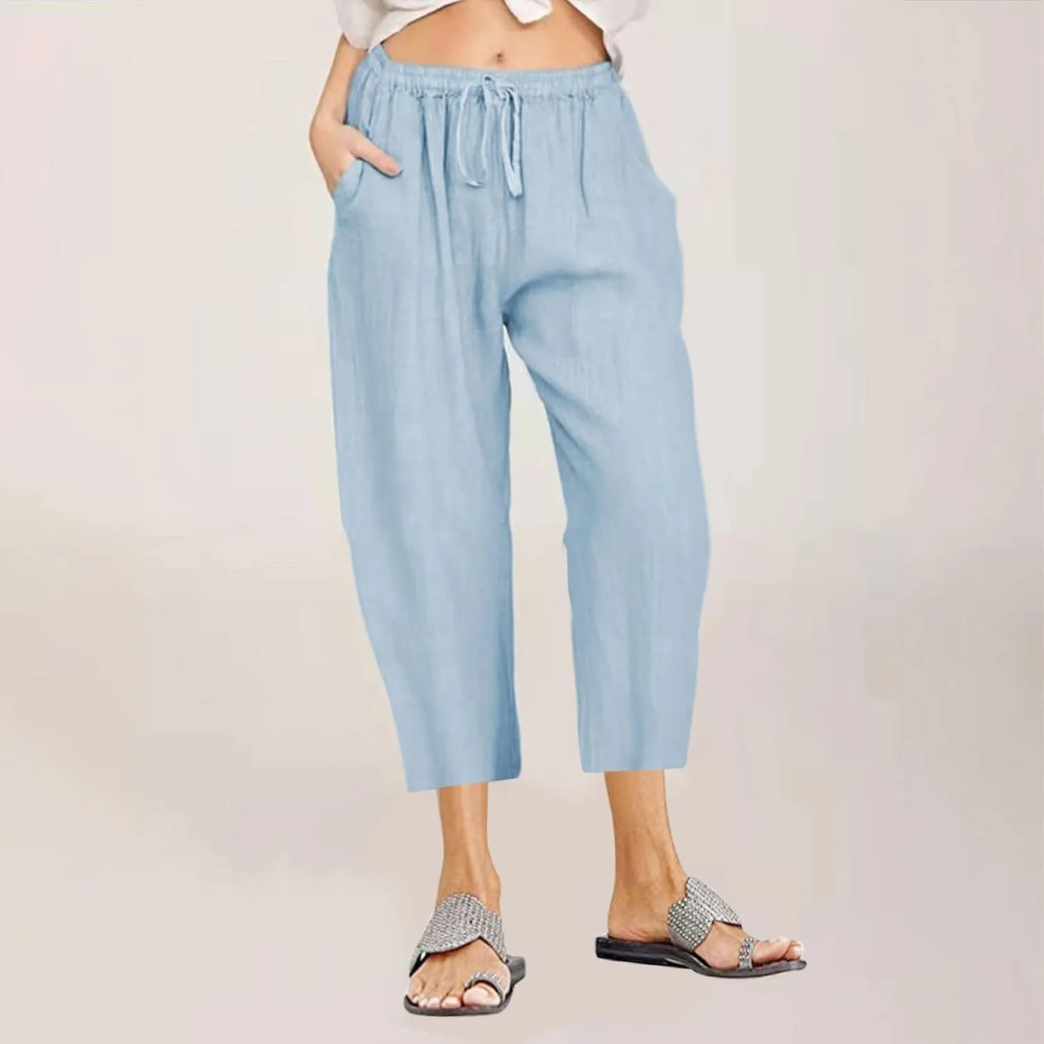 Women's Capri Pants Casual Summer Drawstring Waist Linen Pants with Pockets Lightweight Baggy Cropped Beach Trouser