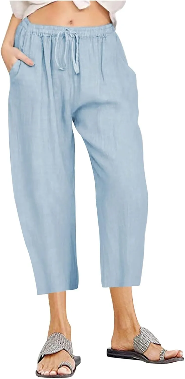 Women's Capri Pants Casual Summer Drawstring Waist Linen Pants with Pockets Lightweight Baggy Cropped Beach Trouser