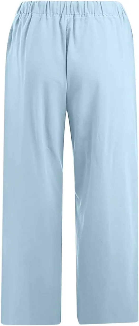 Women's Capri Pants Casual Summer Drawstring Waist Linen Pants with Pockets Lightweight Baggy Cropped Beach Trouser