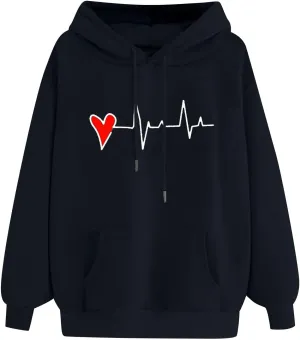 Women's Cute Heart Print Hooded Sweatshirts With Pockets Long Sleeve Hoodies Athletic Workout Pullover Y2K Clothes