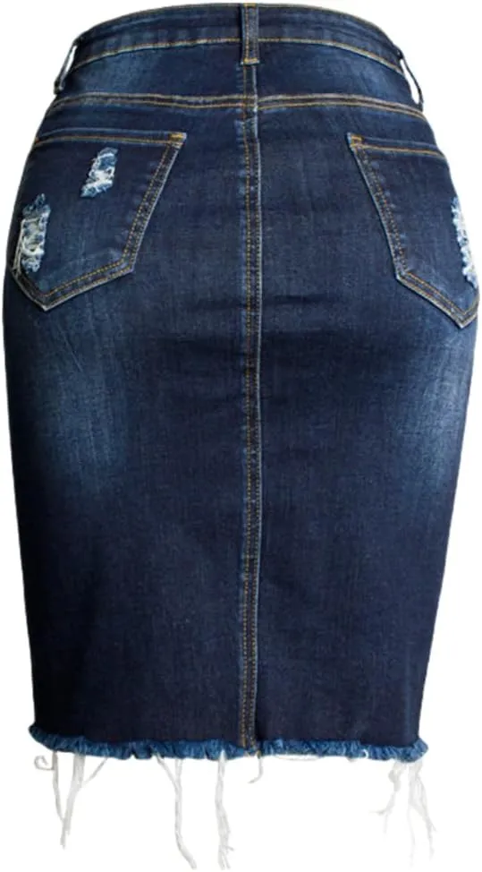 Womens Distressed Denim Pencil Skirt High Waisted Knee Length Slit Hem Stretch Jean Skirts