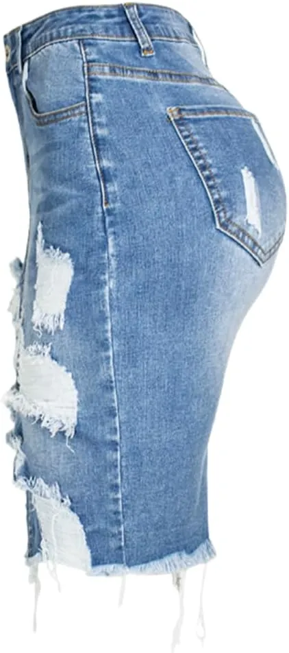 Womens Distressed Denim Pencil Skirt High Waisted Knee Length Slit Hem Stretch Jean Skirts