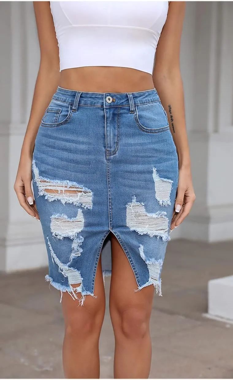 Womens Distressed Denim Pencil Skirt High Waisted Knee Length Slit Hem Stretch Jean Skirts