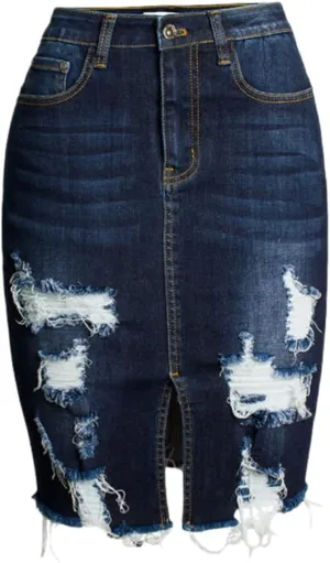 Womens Distressed Denim Pencil Skirt High Waisted Knee Length Slit Hem Stretch Jean Skirts