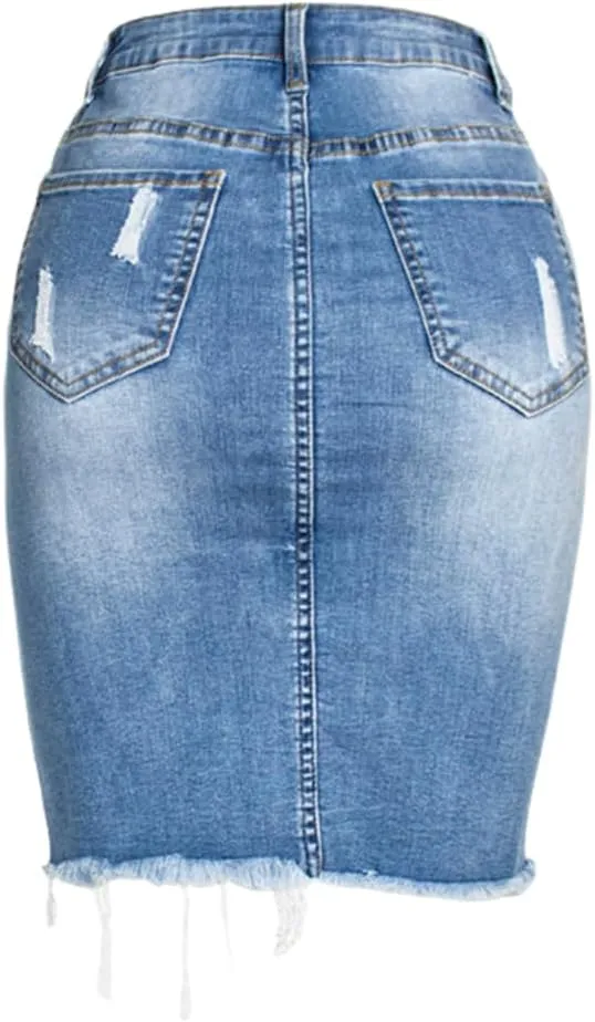 Womens Distressed Denim Pencil Skirt High Waisted Knee Length Slit Hem Stretch Jean Skirts