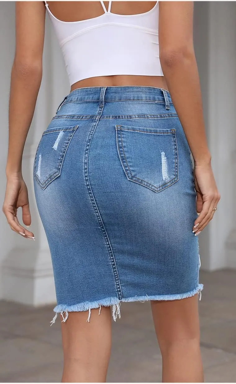 Womens Distressed Denim Pencil Skirt High Waisted Knee Length Slit Hem Stretch Jean Skirts