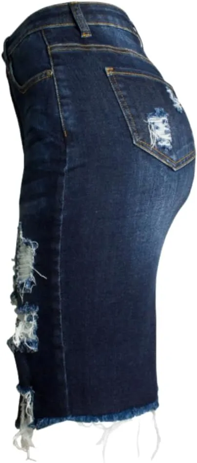 Womens Distressed Denim Pencil Skirt High Waisted Knee Length Slit Hem Stretch Jean Skirts