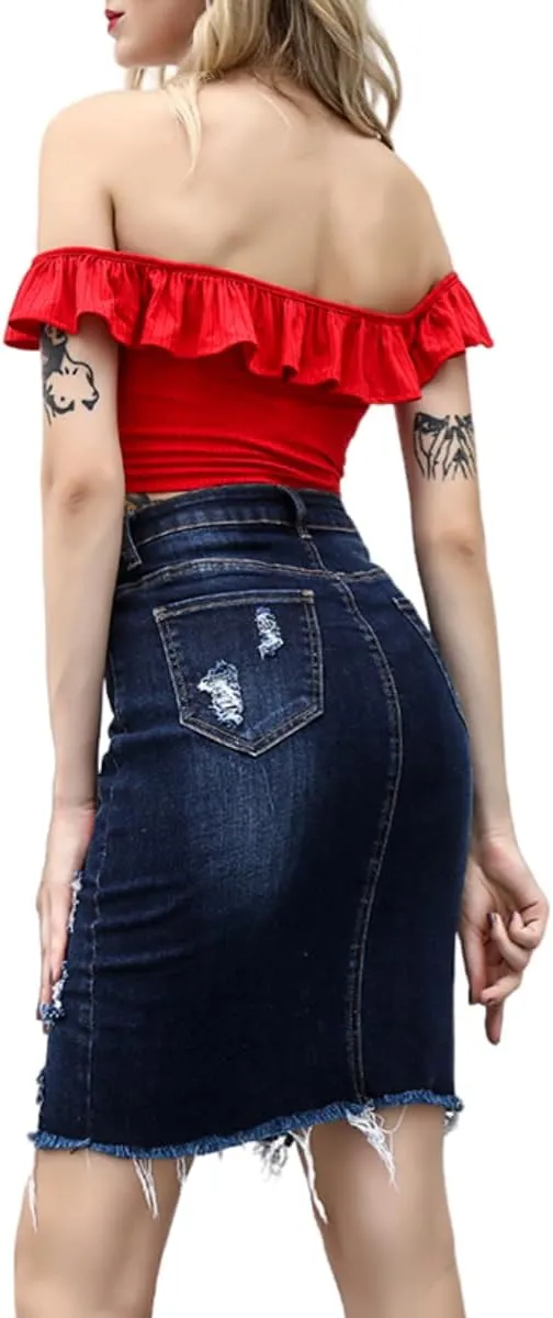 Womens Distressed Denim Pencil Skirt High Waisted Knee Length Slit Hem Stretch Jean Skirts