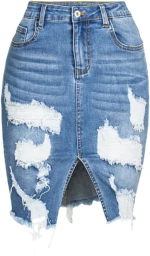 Womens Distressed Denim Pencil Skirt High Waisted Knee Length Slit Hem Stretch Jean Skirts