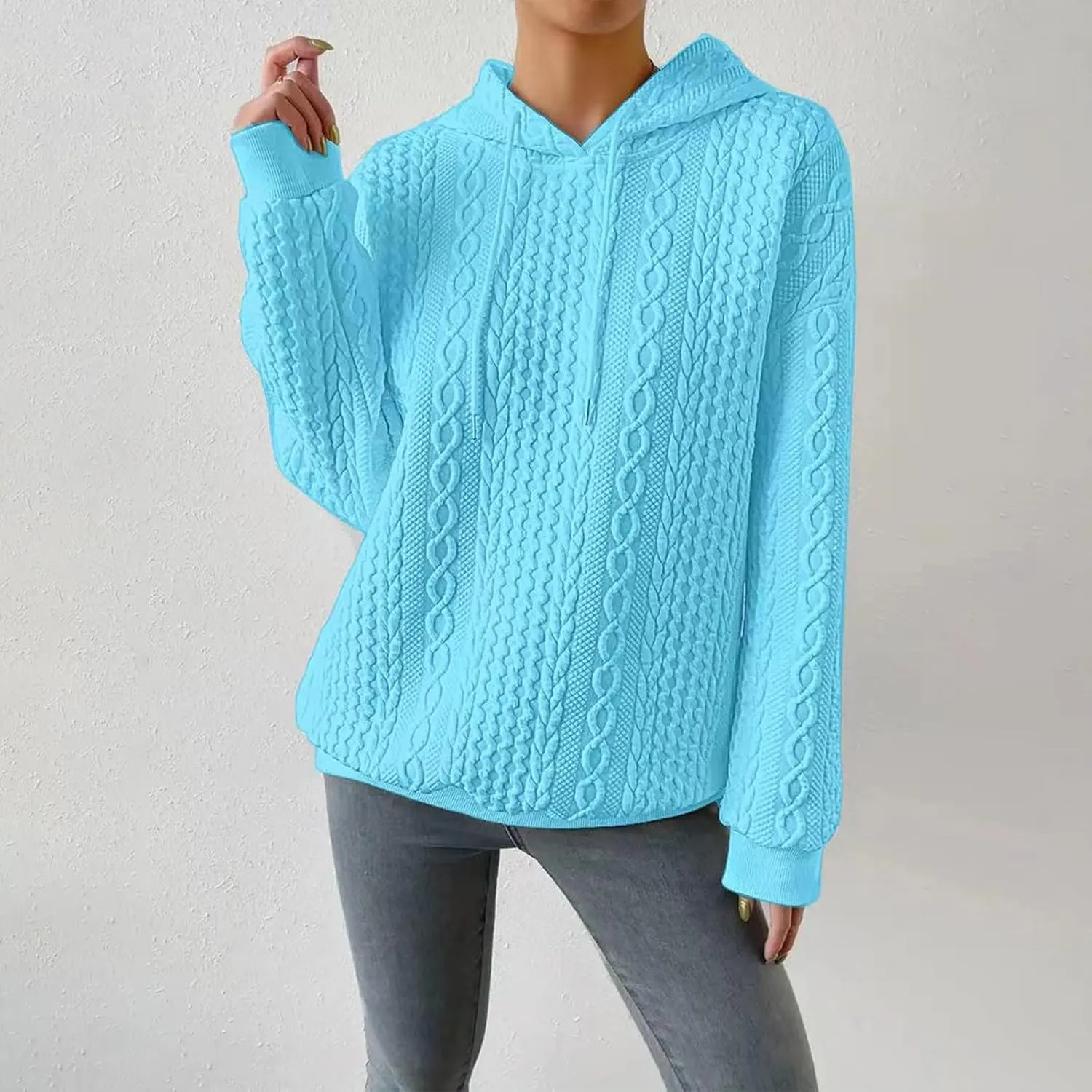 Womens Essentials Hoodie Oversized Cable Knit Hoodies Casual Long Sleeve Drawstring Pullover Sweater Fall Outfits 2024