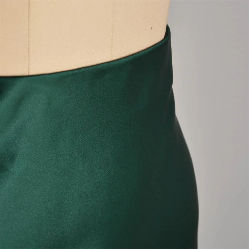 Women's Fashion Satin Midi Skirt Vintage Elastic High Waist Slit Hem High Street Female Skirt Summer Skirts