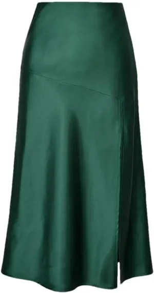 Women's Fashion Satin Midi Skirt Vintage Elastic High Waist Slit Hem High Street Female Skirt Summer Skirts