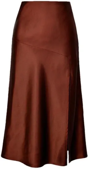 Women's Fashion Satin Midi Skirt Vintage Elastic High Waist Slit Hem High Street Female Skirt Summer Skirts