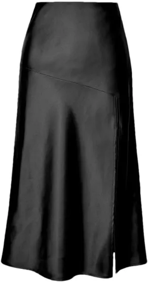 Women's Fashion Satin Midi Skirt Vintage Elastic High Waist Slit Hem High Street Female Skirt Summer Skirts