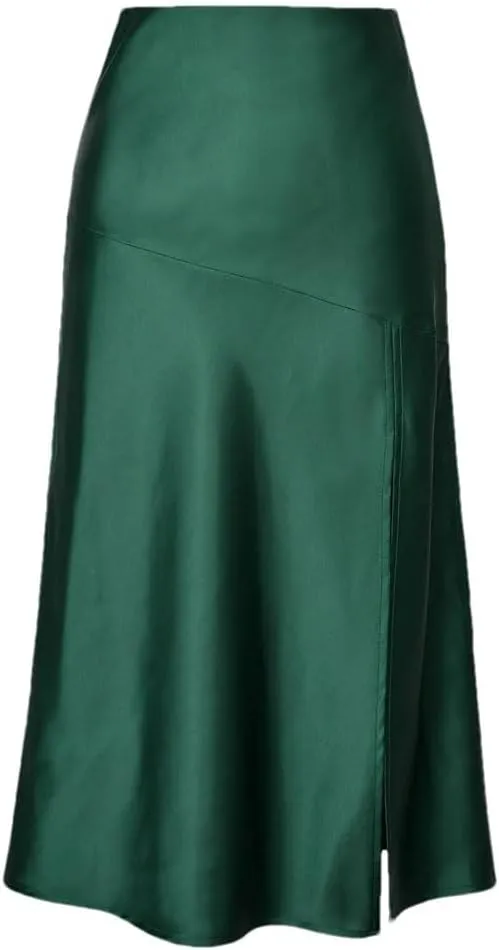 Women's Fashion Satin Midi Skirt Vintage Elastic High Waist Slit Hem High Street Female Skirt Summer Skirts