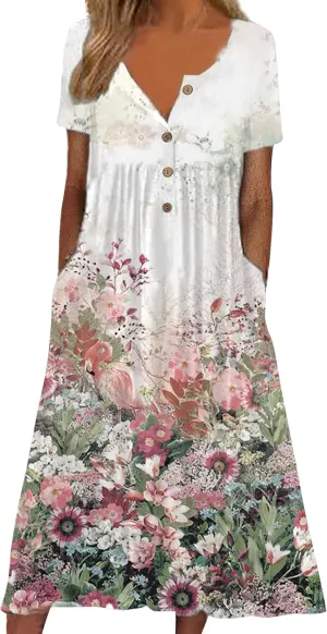 Women's Flowy Summer Boho Floral Short Sleeve Button Maxi Dress Casual Loose Beach Vacation Dress with Pockets