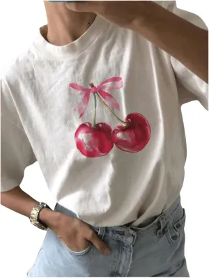 Women's Graphic Oversized Tshirts Cherry Bow Short Sleeve Crewneck Tees Casual Summer Trendy Vintage Tops