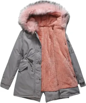 Women's Hooded Zipper Cotton-Padded Jacket Casual Warm Drawstring Waist Parka Coat