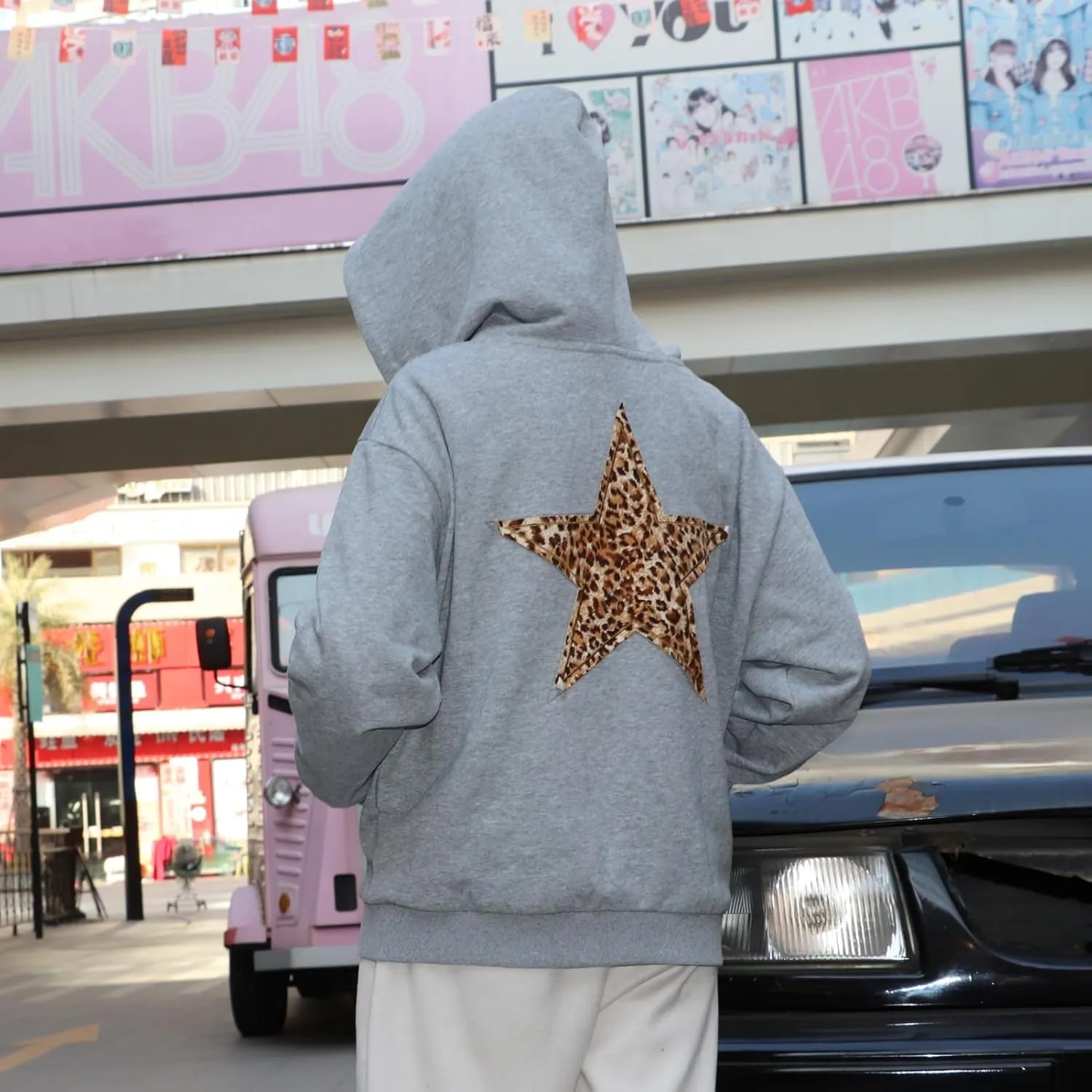 Womens Leopard Star Graphic Hoodie Oversized Y2K Cheetah Print Hooded Casual Long Sleeve Sweatshirt Unisex Pullover